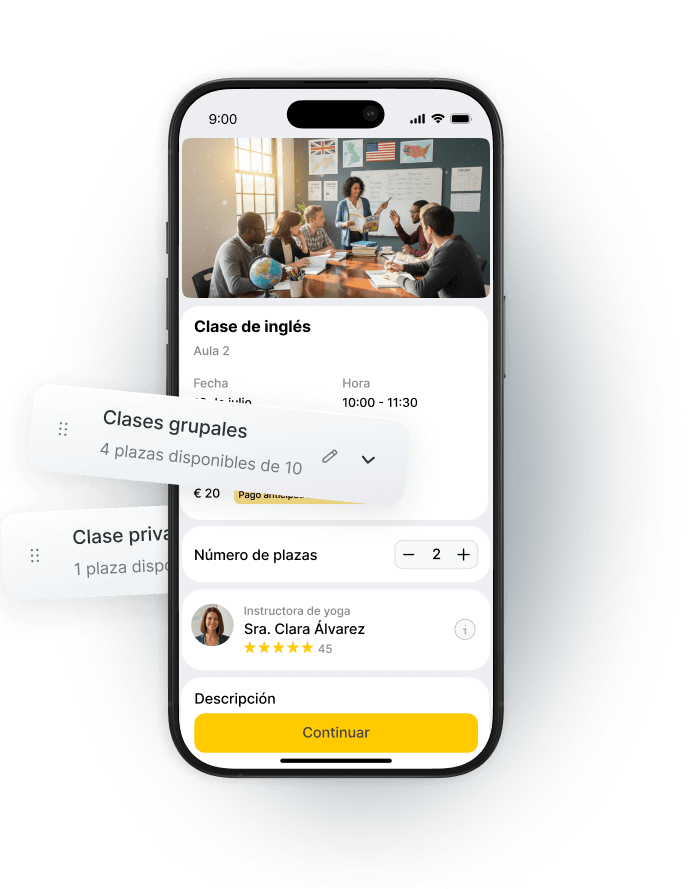 Mobile app interface showing English class details and available spots for group and private classes.